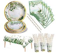 Nkaiso Vaisselle Jetable Anniversaire Vert Sauge 121pcs, Kit Vaisselle de Fête avec Assiettes Carton, Gobelets et Serviettes pour 24 Invités, Décoration Anniversaire Fille et Mariage