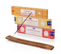 NKlaus Ensemble d'encens Satya White Sage, Dragon's Blood & Goloka Nag | Lot de 3 encens indiens avec support en bois pour méditation et parfum