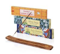 NKlaus Goloka & Namaste Nag Champa Lot de 3 bâtonnets d'encens naturels indiens, avec support en bois, sauge blanche, pour le nettoyage et la méditation
