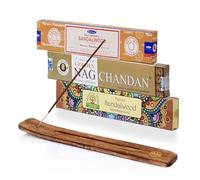 NKlaus Lot de 3 bâtonnets d'encens indiens au bois de santal (Nag Champa, Chandan, Mysore) + support en bois - Coffret cadeau parfum naturel