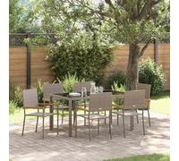 NKOPPFG Salon de salle à manger en polyrotin gris 7 pièces | Résistant aux intempéries, plateau de table en verre de sécurité, accoudoirs en bois d'acacia, cadre en acier