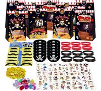 NlsqEU 130Pcs Petits cadeaux pour fête de pirates, anniversaire de pirates pour enfants, fête de pirates pour enfants, sacs cadeaux, bracelet en silicone, autocollants tatouages, pièces d'or