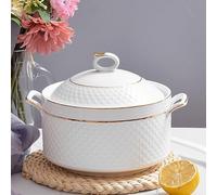NNYCC Soupière Blanche avec Doré Bord, Bol de Service de Soupe à Double Poignée avec Couvercle et Cuillère Vaisselle en Porcelaine Tendre,3.2L