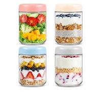 Noa Home Deco Lot de 4 Pots Overnight Oats 500ml avec Couvercles Colorés | Overnight Oats Jar, Pot en Verre avec Couvercle sans BPA. Joint Silicone Étanche, Large Ouverture
