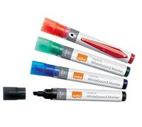 Nobo Marqueurs Effaçables à Sec Liquid Ink pour Tableau Blanc, Pointe Biseautée de 4mm, Lot de 4, 1915387, Couleurs Assorties