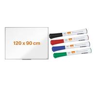 Nobo Tableau Blanc Magnétique, 1200 x 900 mm, Cadre Aluminium, Montage Mural par les Coins, Porte-Marqueur Inclus,1915462 + Nobo Marqueurs Effaçables à Sec Glide, Pointe Fine de 1mm, Lot de 4, 1902077