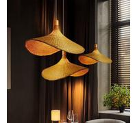 NOCHX Style Rétro Bambou Tissé Lampe Suspendue Salle De Thé Rattan Fait À La Main Tissé Lustre Style Sud-est Asiatique Luminaire Paille Chapeau Pendentif Lampe Escalier Bambou Art Lumière(3 heads)