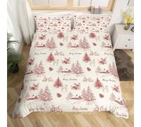 Noël Housse de Couette 220x240 avec 2 Taies D'Oreiller Vintage Noël Hiver Literie Set pour Enfants et Adultes Sapin de Noël Imprimé Caribou Housse de Couette Crème Rouge Réversible Couvre Lit