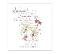 Noel Tatt Carte de vœux de Noël artistique - « Special Friends » - Pop The Champagne - Magnifique illustration avec détails en feuille d'argent et lettrage en relief