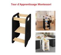 NOIR 80cm Tour d'apprentissage montessori, Tour d'observation en Bois, Marchepied avec Hauteur reglable pour enfant 1-3 ans
