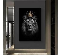 Noir et blanc reine roi lion animal royaume affiche toile peinture couronne mur art décor à la maison (60x100cm) sans cadre