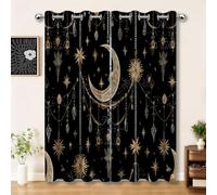 Noir Lot de 2 Rideaux, 75 x 166 cm Isolants Thermiques en Polyester avec Oeillets - Style Bohème Lune Étoiles Cristal Chaîne Occultants Rideau pour Salon Chambre à Coucher Salle à Manger