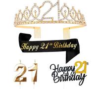 Noir Or 21 Ans Decoration Anniversaire, Inclus 21 Ans Echarpe et Couronne Anniversaire,Bougie,Happy Birthday Cake Toppers Decoration Garcon Fille Femme Homme
