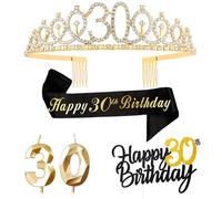 Noir Or 30 Ans Decoration Anniversaire, Inclus 30 Ans Echarpe et Couronne Anniversaire,Bougie,Happy Birthday Cake Toppers Decoration Garcon Fille Femme Homme