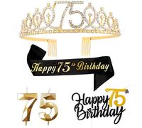 Noir Or 75 Ans Decoration Anniversaire, Inclus 75 Ans Echarpe et Couronne Anniversaire,Bougie,Happy Birthday Cake Toppers Decoration Garcon Fille Femme Homme