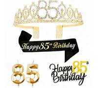 Noir Or 85 Ans Decoration Anniversaire, Inclus 85 Ans Echarpe et Couronne Anniversaire,Bougie,Happy Birthday Cake Toppers Decoration Garcon Fille Femme Homme