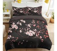 Noir Oriental Style Japonais Parure de Lit Réversible Respirante Extra Doux Set de Housse Couette, Floral Botanique Cerisier En Fleurs Branche Romantique Motif pour Enfants d’ado adultes, 240 x 260