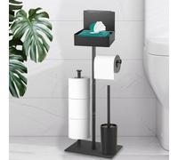 Noir Porte-Papier Toilette Debout en Acier Inoxydable avec Brosse WC | HISAMGO Set Porte-Papier et Brosse de Toilette en avec Boîte à lingettes Humides、Étagère、Porte-papier toilette de rechange