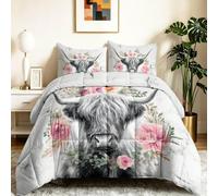 Noir Rose Douce Imprimée Couette 4 Saisons 200 x 200 cm, Aquarelle Champêtre Réversible Couette Matelassée Edredon Lit, Vache Highland Fleurs Anti-Allergies Microfibre Couette avec 2 Taies d'oreiller