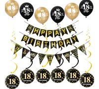 noire Guirlande Joyeux 18 ans anniversaire Bannière + drapeaux triangulaires + 18 ans anniversaire Décoration à suspendre,ballons 18 ans anniversaire décoration 18 ans anniversaire garcon fille