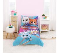 NoJo Disney Parure de lit 4 pièces pour Enfant SuperKitties Violet, Rose et Aqua, avec Ginny, Sparks, Buddy et Bitsy - Édredon, Drap-Housse, Drap Plat et taie d'oreiller réversible