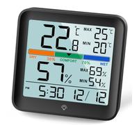 NOKLEAD thermometre interieur hygrometre-thermomètre digital maison avec Grand rétroéclairage tactile, Max/Min Horloge de Confort d'Air Moniteur humidimetre pour Serre Chambre de Bébé Chambre,Noir