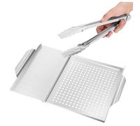 NOLITOY Grillade Panier et Pince Acier Inoxydable Plateau Barbecue Carré Perforé avec Poignées Cuisson Uniforme et Nettoyage Facile pour Viandes et Légumes