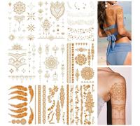 NOPVUFA 9 Feuilles Tatouage Éphémère Doré, Tatouage Temporaire Métallique Étanche pour Femme et Fille, Faux Tatouages Brillants pour Festival, Mariage, et Soirée, 21x14,8cm