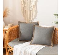 NordECO HOME Lot de 2 Housses de Coussin à Franges en Lin Coussins Carré Rustique Décoratif pour Salon Canapé Chambre Voiture 50x50 cm,Gris