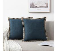 NordECO HOME Lot de 2 Housses de Coussin à Franges en Lin Coussins Carré Rustique Décoratif pour Salon Canapé Chambre Voiture 45x45 cm,Bleu foncé