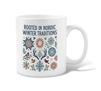 Nordic Winter Traditions Tasse à café en céramique avec citation Flocons de | Style scandinave, tasse à thé, motifs oiseaux et forêts, thème patrimoine saisonnier, ambiance chaleureuse du matin d'hiver
