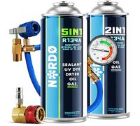 Nordo 5-en-1 - Recharge Climatisation Auto R134a + R134a XL 235 g Chaque Boîte, avec Huile, Stop-Fuite, Traceur UV et Déshydratant - avec Tuyau et Adaptateur HP/LP