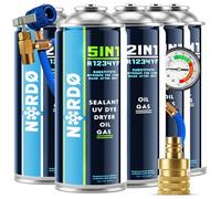 Nordo - Kit Recharge Climatisation R1234yf - Fluide Réfrigérant 5en1 XL avec Huile, Scellant, Colorant UV et Déshydratant + 4x Gaz de Remplacement R1234yf avec Huile 235 g, Tuyau et Adaptateur