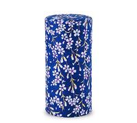 NOREN Boîte à thé japonaise (papier Yuzen Washi - Sakura de Kyoto/bleu marine), fabriquée au Japon avec couvercle intérieur hermétique et étanche à l'humidité。200g