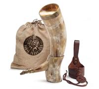 Norse Tradesman Corne à boire Viking en corne de bœuf véritable de 50 cm avec étui en cuir marron, support en corne et ornements de loup en laiton | Sac cadeau en toile de jute inclus | Bord en laiton