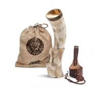 Norse Tradesman Corne de boeuf véritable Viking avec support en corne et ornements de loup en laiton | Sac cadeau en toile de jute inclus | The Jarl, Poli, 30 cm