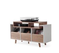 NorStone Meuble Hi-Fi OSLO 1200 – Rangement vinyle, 3 tiroirs – Blanc et chêne (120×64,3×40 cm)