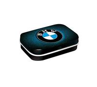 Nostalgic-Art Boîte à pilules rétro, 4 x 6 x 1,6 cm, Official License Product (OLP), BMW - Logo Blue Shine - Idée de cadeau pour fans de BMW, avec dragées à la menthe, design vintage