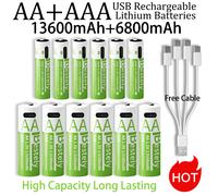 Nouveau 1.5V AA 13600mAh + AAA 6800mAh Batteries au Lithium rechargeables charge rapide Li-ion batterie 2000 Cycles avec câbles USB-C gratuits 16AA 16AAA
