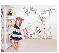 NOUVEAU Chat Des oiseaux Fleurs Ours en peluche rose Décoration Garderie Decal Décalcomanies Autocollants Bébé Des gamins Accueil Décor Élégant Moderne Sticker mural Fille Fleurs Salon Chambre