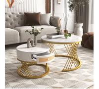 Nouveau épaissi design moderne 2 en 1 rond MDF table basse, table d'appoint avec plateau en marbre et tiroir en rotin en plastique