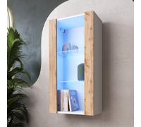 Vitrine Murale Armoire Komodee TIVOLI - LED RVB - Bois naturel et Blanc - Facades en Mat - 50 x 100 x 29 cm