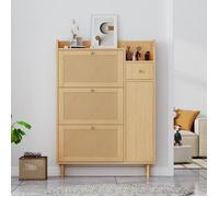 Nouveau meuble à chaussures en bois en rotin épaissi et design moderne - pour entrées étroites - 3 portes et 1 tiroir - avec