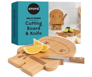 NOUVEAU! OTOTO - Ninja Board - Petite planche à découper bois et couteau - Cadeau cuisine pour couper les fruits et les légumes; planche en bois et couteau en acier inoxydable - 25,4 x 17,8 x 1,5 cm