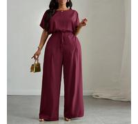 Nouveau printemps/été Ensemble 2 pièces femme grande taille - Top court ample à épaules tombantes et cordon de serrage à l'ourlet, et pantalon large à poches. Élégant, polyvalent pour le travail, les 