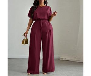 Nouveau printemps/été Ensemble 2 pièces femme grande taille - Top court ample à épaules tombantes et cordon de serrage à l'ourlet, et pantalon large à poches. Élégant, polyvalent pour le travail, les 