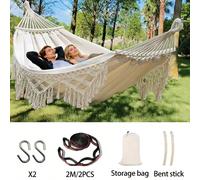 Nouveau style bohème Hamac suspendu pour 2 personnes avec glands, tiges en bois incurvées anti-basculement, complet avec sac en tissu et sangles, convient pour le patio extérieur, le jardin, le campin