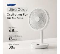 Nouveau ventilateur de bureau oscillant intelligent portable, 4000 mAh, 5 vitesses, silencieux, rechargeable, angle réglable pour la maison et le bureau White