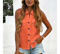 Nouvelle chemise sans manches d'été pour femmes, col châle, double poches, boutons devant, blouse ajustée décontractée pour le travail L,M,S,XLGéométriqueTissu tissé