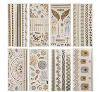 NOVAGO Pack de 8 Planches de 21x10 cm de Tatouages éphémères métalliques brillants (doré et argenté), motifs variés (Brillant)